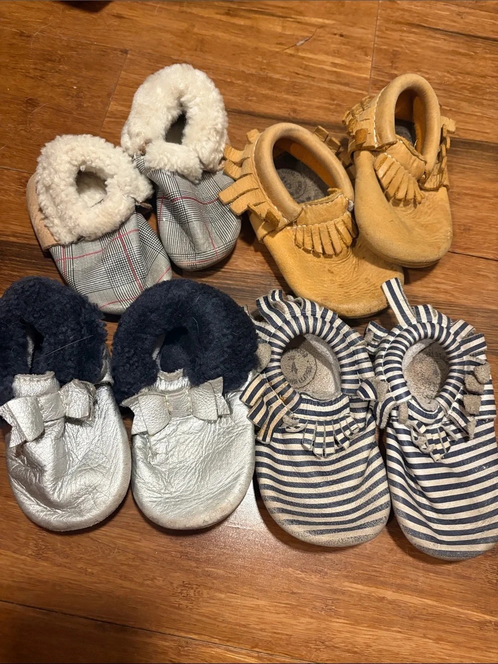 Freshly Picked Mixed Baby Moccasin Lot — Navy Stripe, Mustard, Silver, Plaid